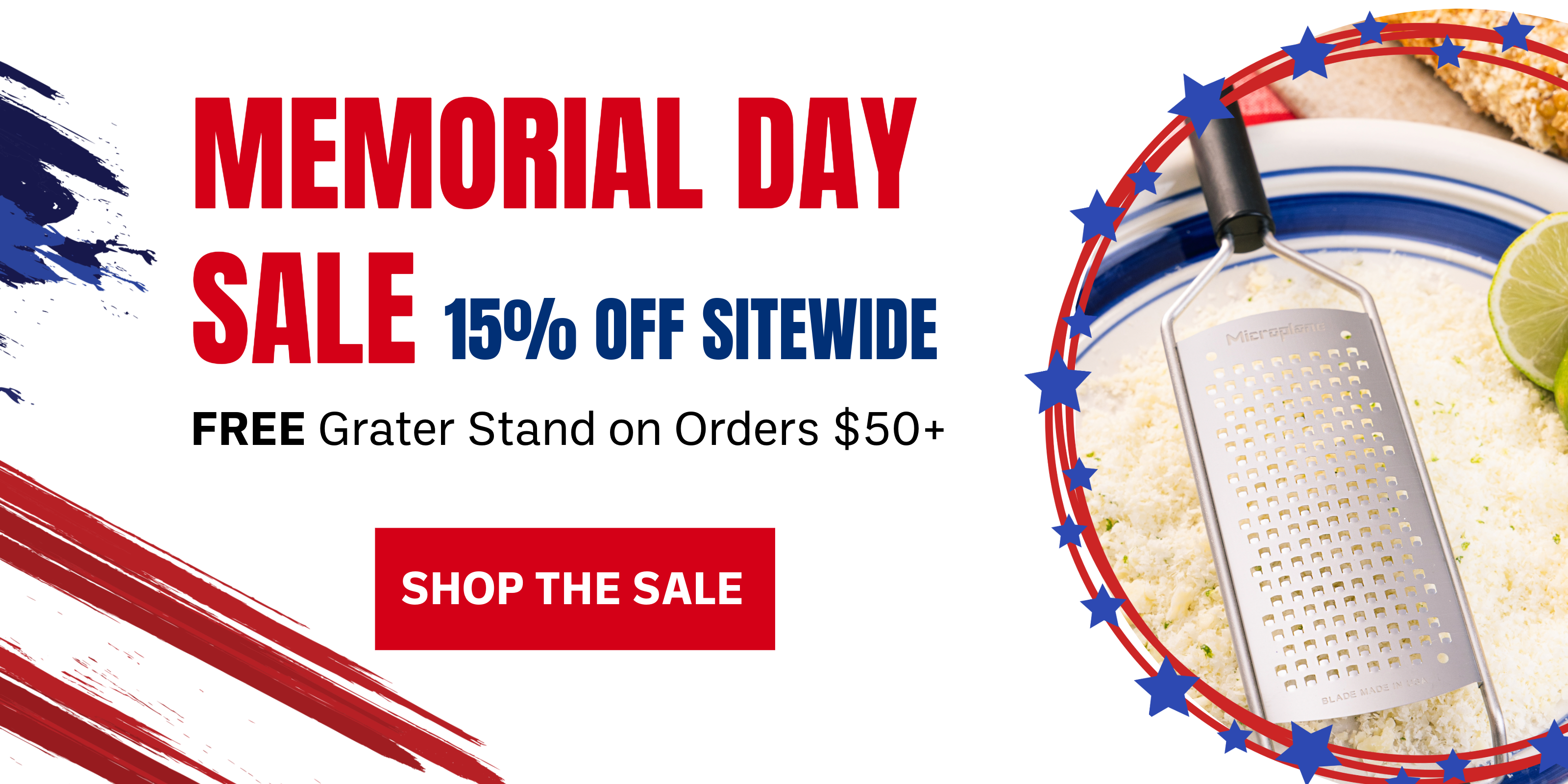 Memorial Day sale advertisement with a grater and cauliflower on a white background