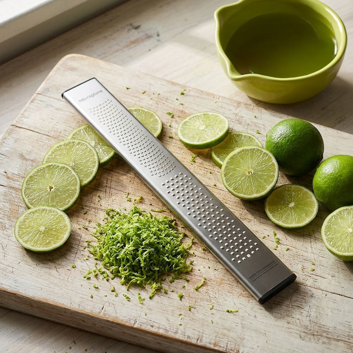 Lime zest on a wooden cutting board with a zester and lime slices.
