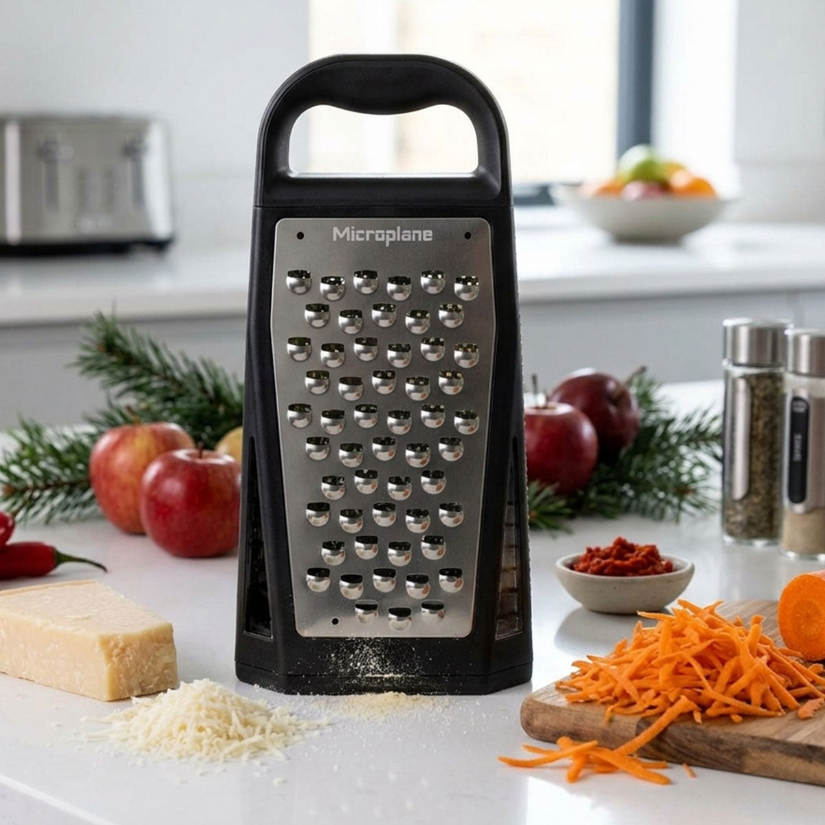 A Microplane box grater stands on a white kitchen counter surrounded by food props including cheese, grated cheese, carrots, apples, parsley, and spice jars.