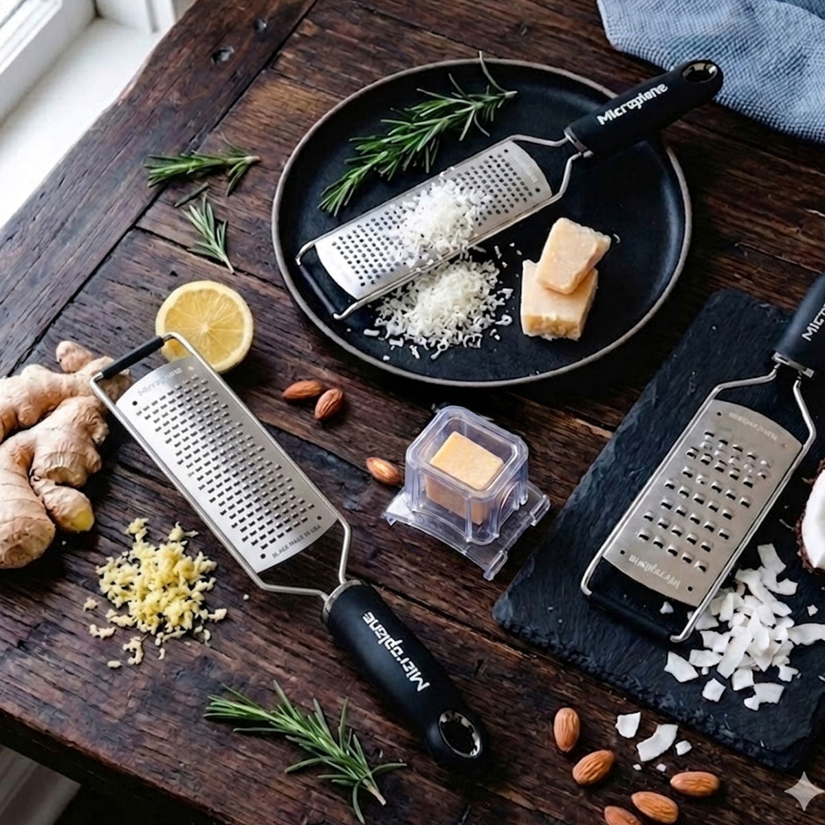 Microplane grater with grated ingredients on a wooden surface