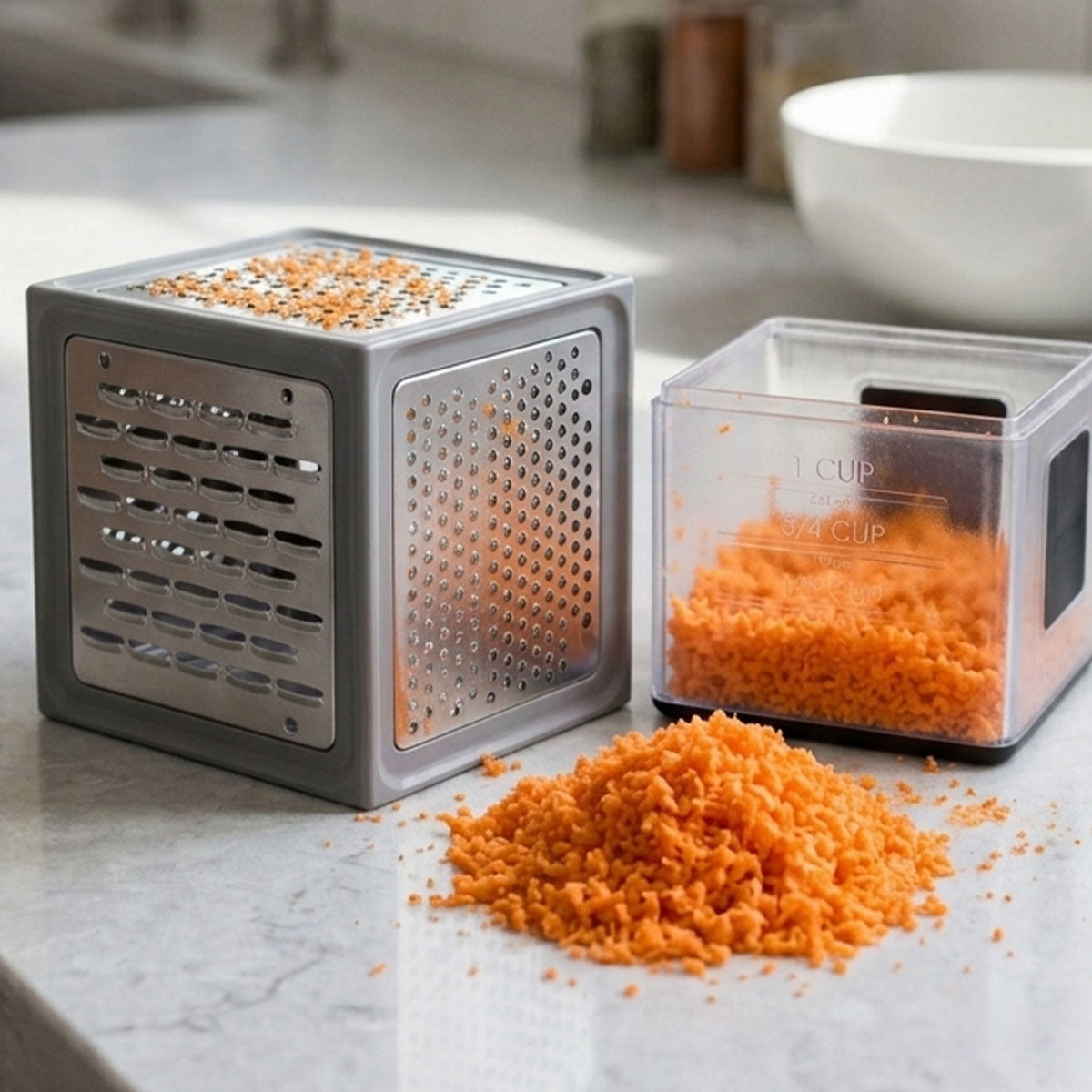A metal and clear food chopper/grater set on a light countertop, with shredded orange food piled in front and inside the clear container.