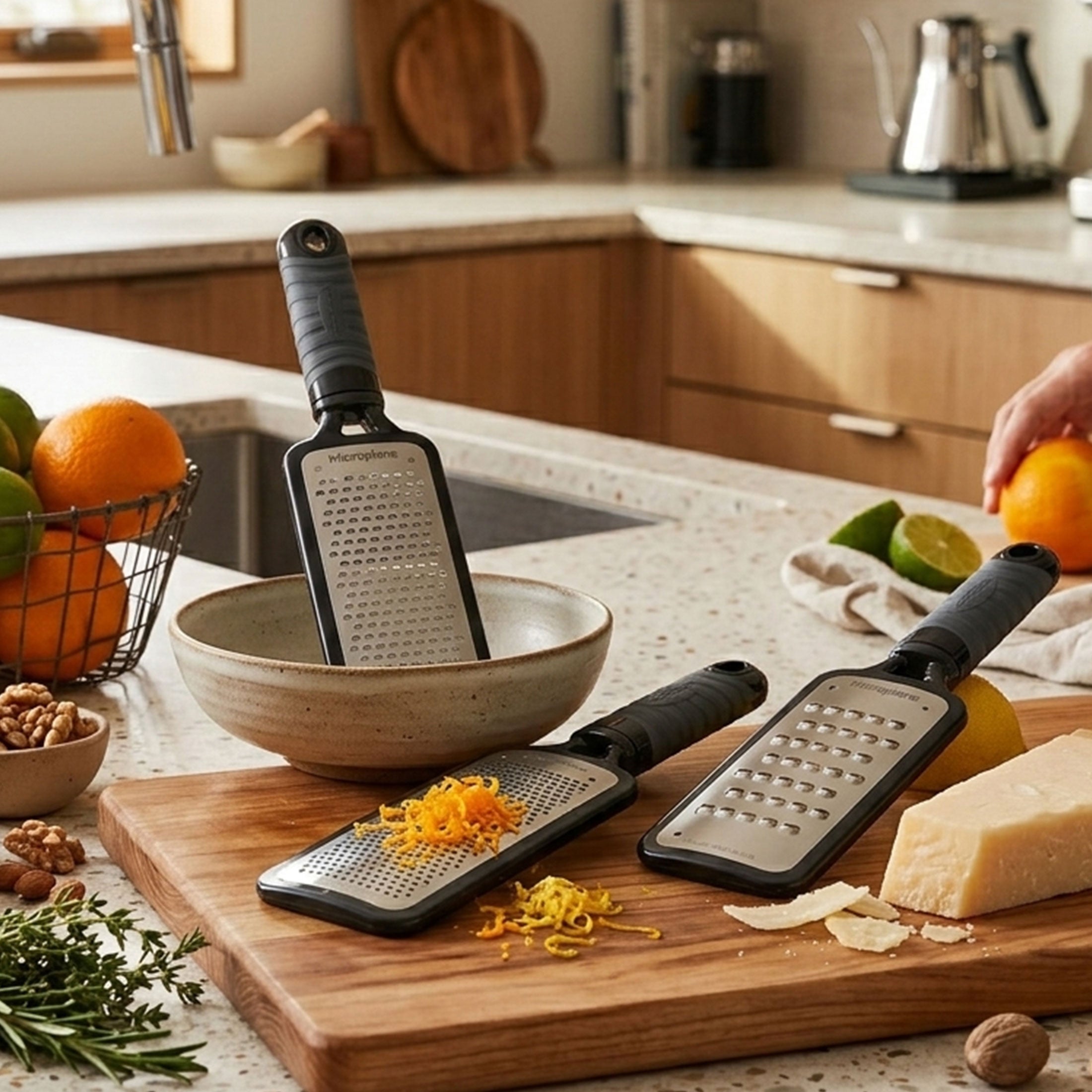 Three manual graters on a kitchen counter with food and a bowl.