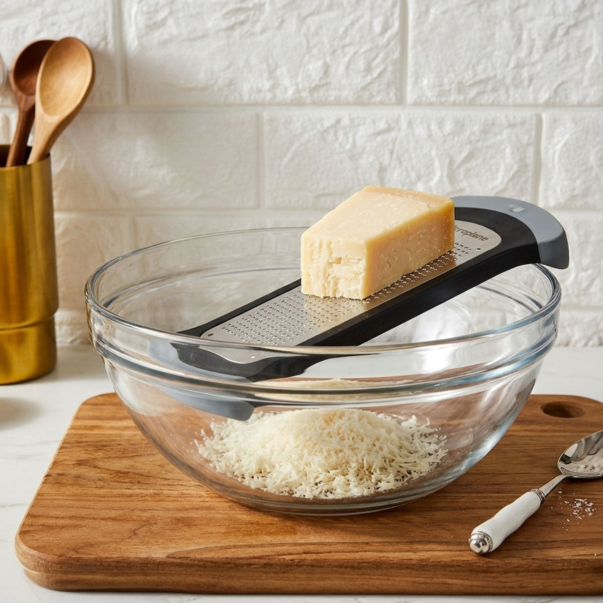 Glass bowl with grated cheese on a wooden cutting board, with a grater and block of cheese in the background.