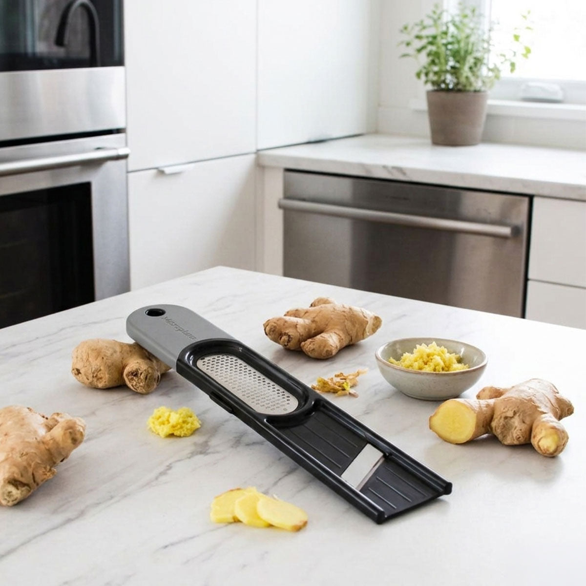 3-in-1 Ginger Tool - Ultra-Sharp Fine Blade, Ginger Slicer, and Peeler with Rubber Foot & Non-Slip Handle