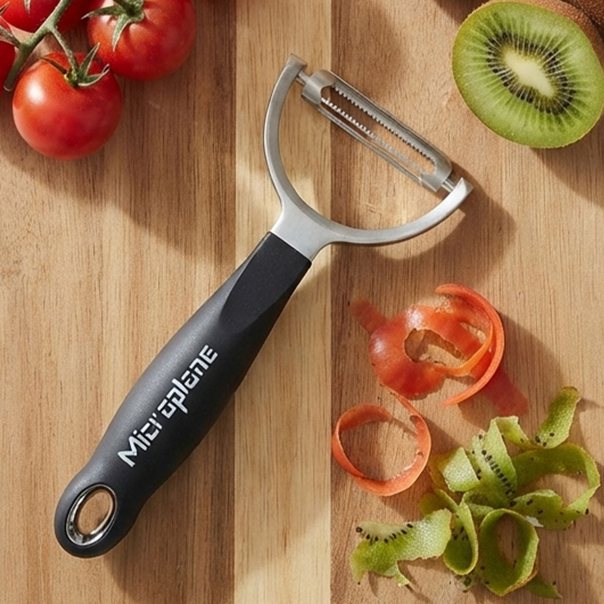 A handheld peeler with a black handle and silver metal blade rests on a wooden cutting board, surrounded by food props including tomatoes, a kiwi slice, and peeling kiwi and tomato skins. The handle is branded 'Microlene'.