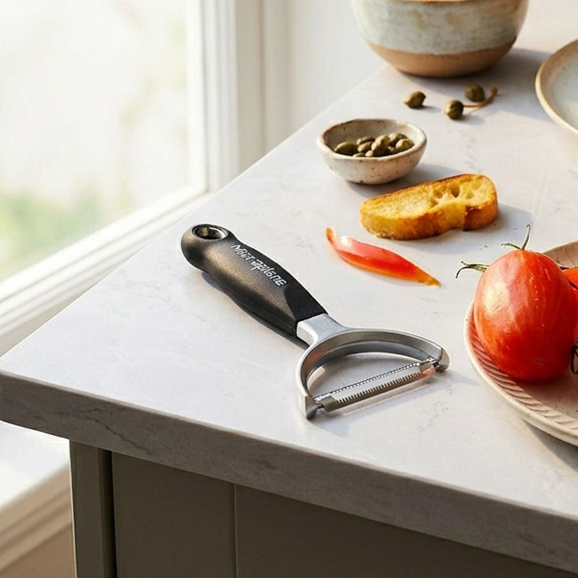 Peeler on a kitchen counter with fruits and vegetables